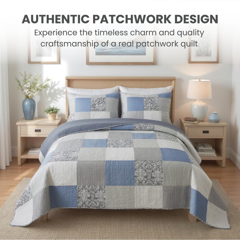 SLPR Sweet Dreams Cotton Quilt Set - Twin Size with 1 Sham, Pieced Patchwork Bedding in Blue and Gray, Country Style Farmhouse Quilted Bedspread - Image 2
